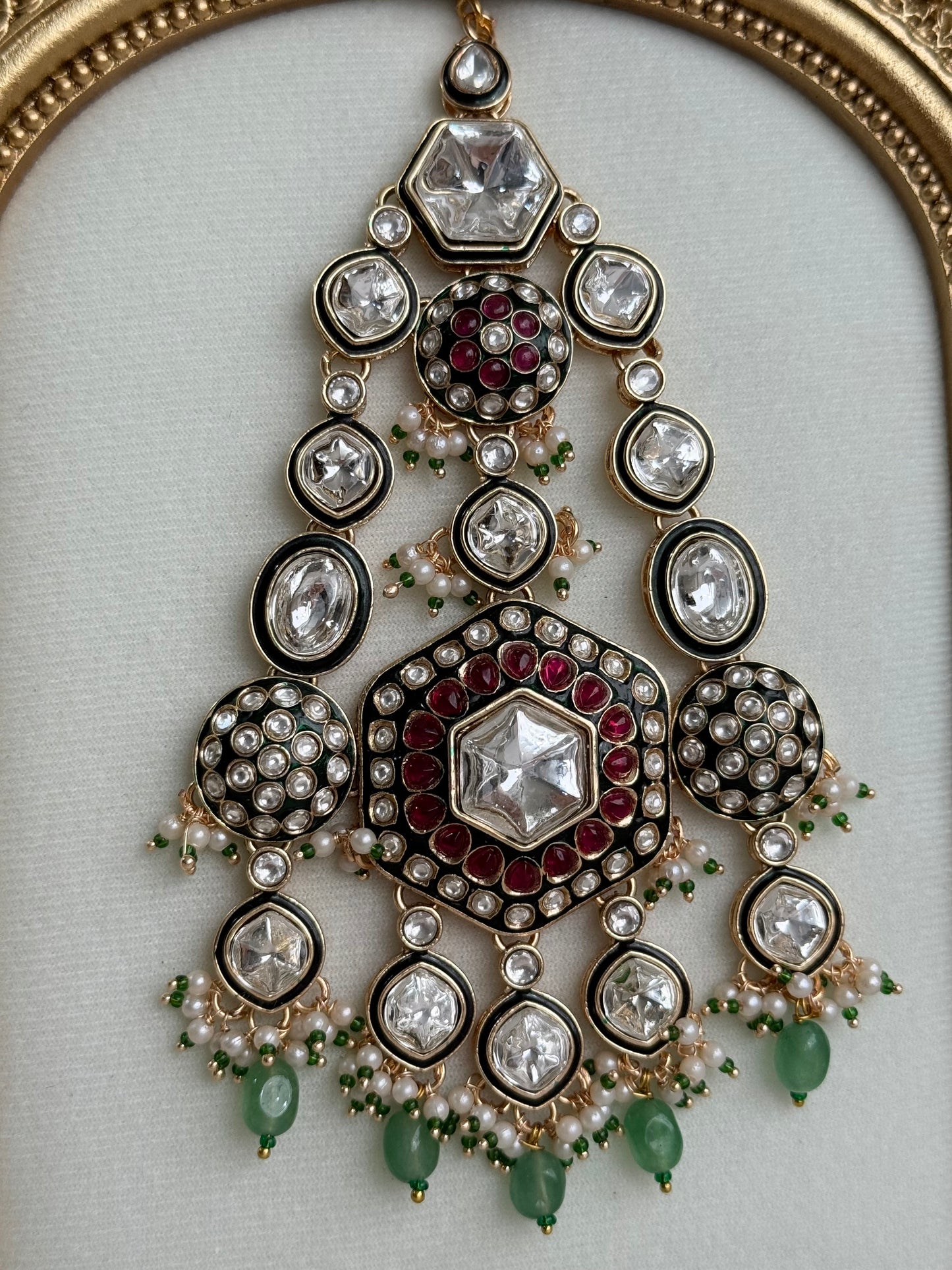 Ayura Designs Visha Jhoomar Passa – Polki Kundan with Ruby Pink Stones, Jade Green Drops & Pearl Detailing