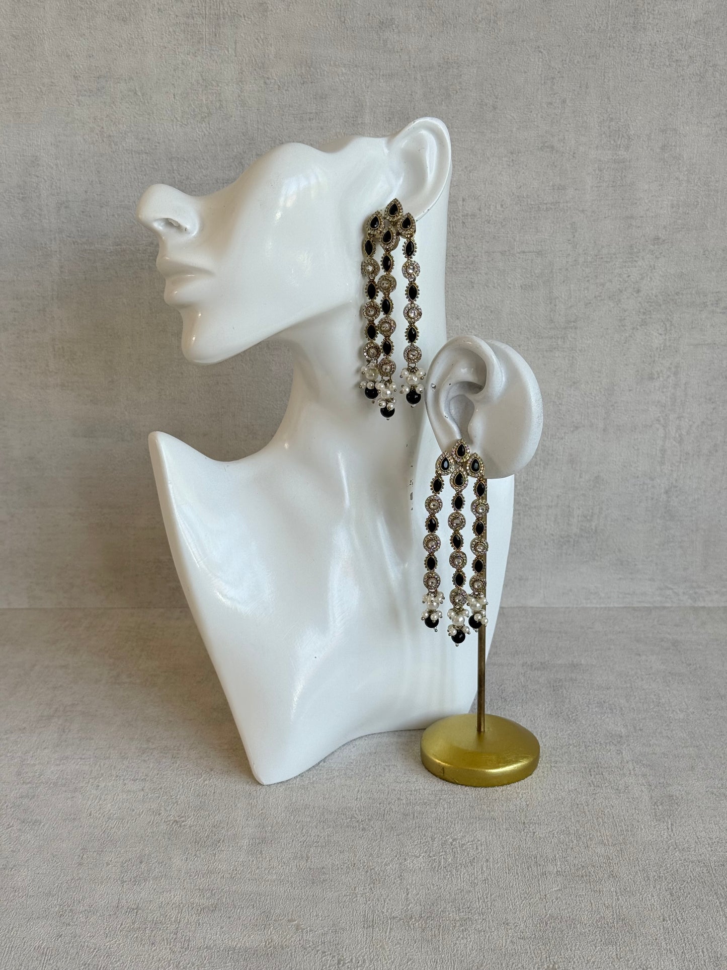 Ayura Designs Emilia Earrings – Gold Triple Strand Statement Earrings with Black Stones & Pearl Drops
