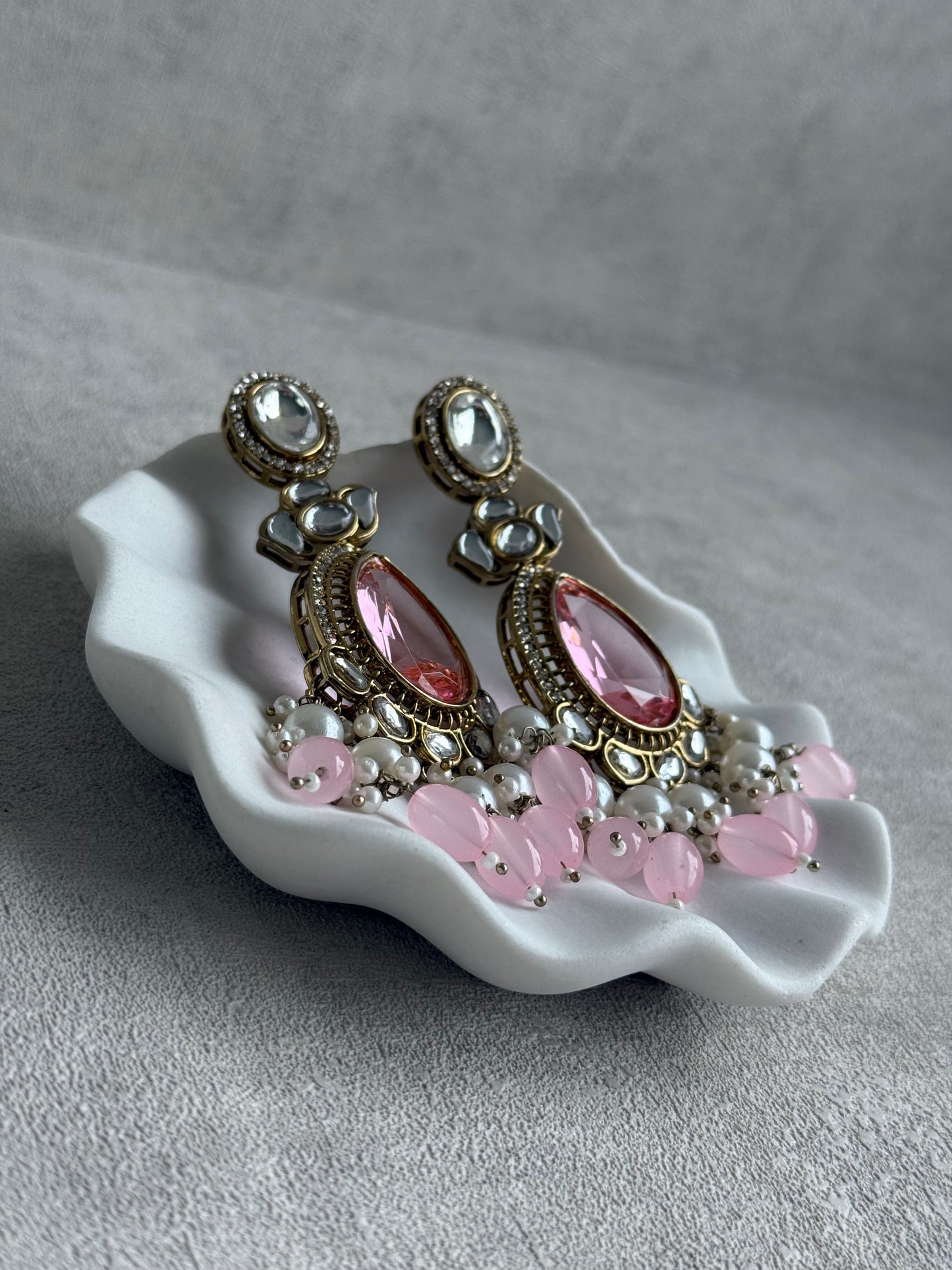 Ayura Designs Nageen Earrings – Antique Gold Jhumkis with Rose Pink Stones, Mirror-Cut Accents & Pearl Drops