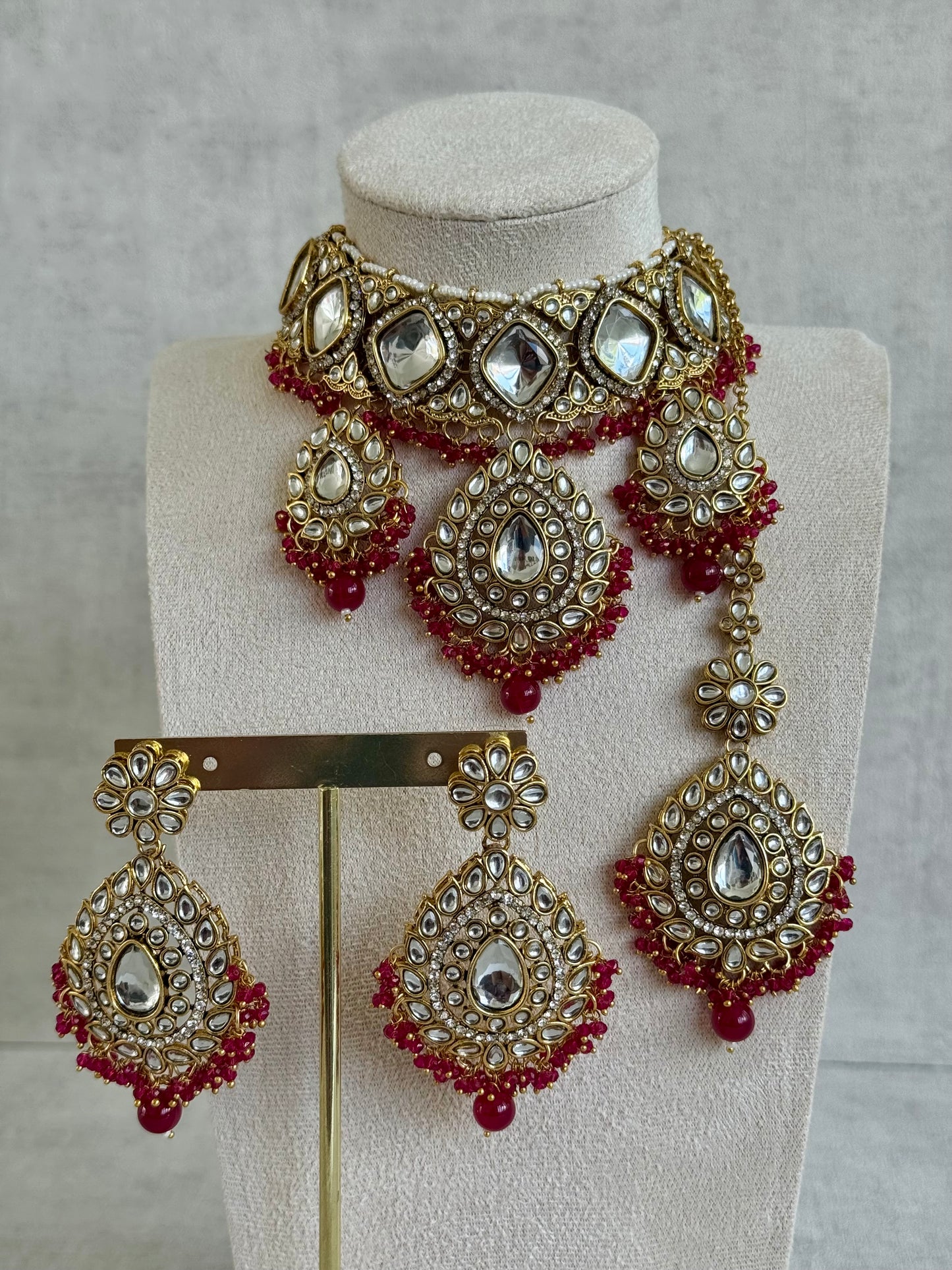 Ayura Designs Kirpa Choker Set with Earrings & Tikka – Ruby Red Beads & Mirror-Cut Stones