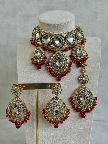 Ayura Designs Kirpa Choker Set with Earrings & Tikka – Ruby Red Beads & Mirror-Cut Stones
