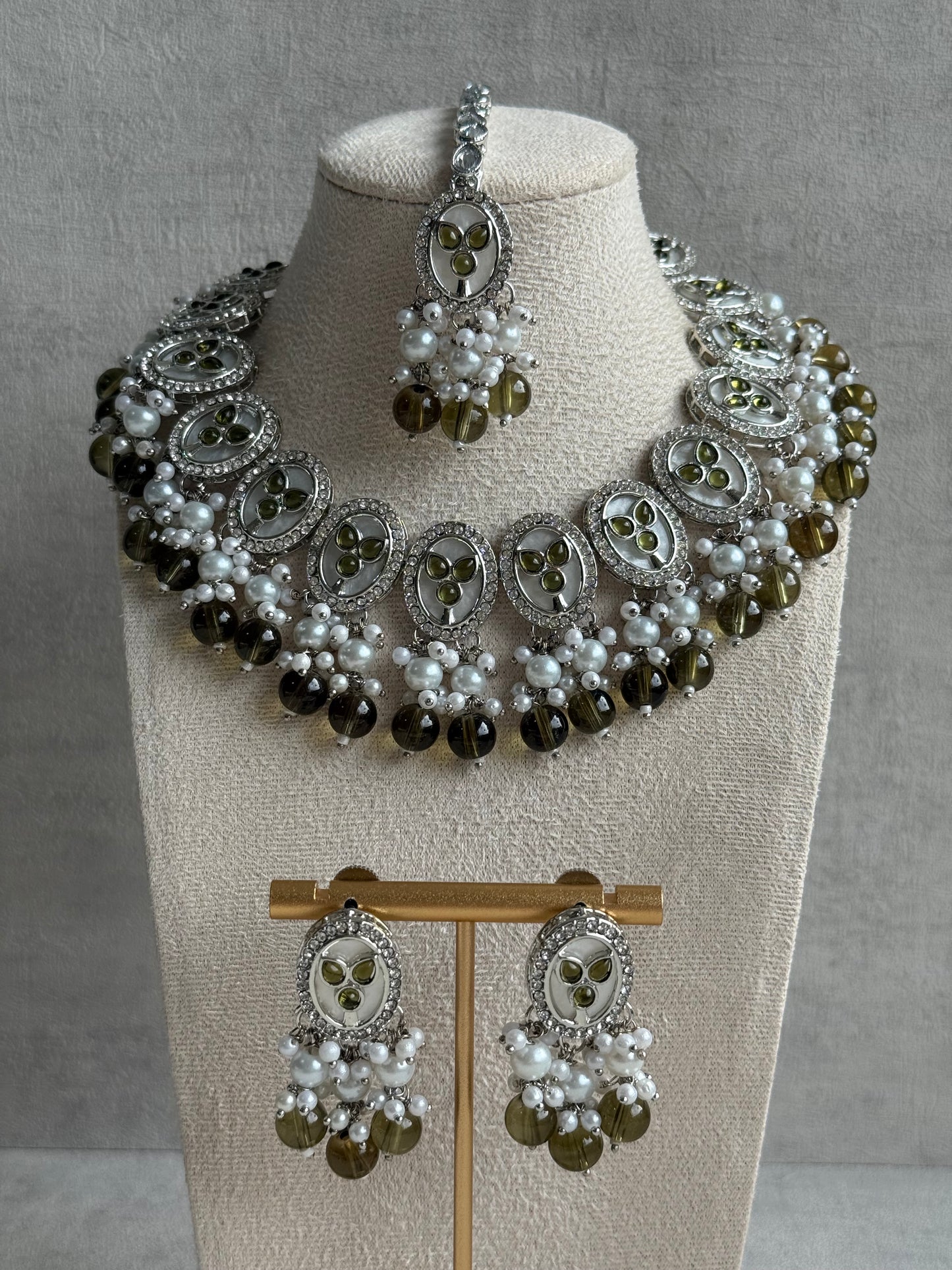 Ayura Designs Linza Set – Necklace, Earrings & Tikka in Olive Green & Pearl with Silver Finish