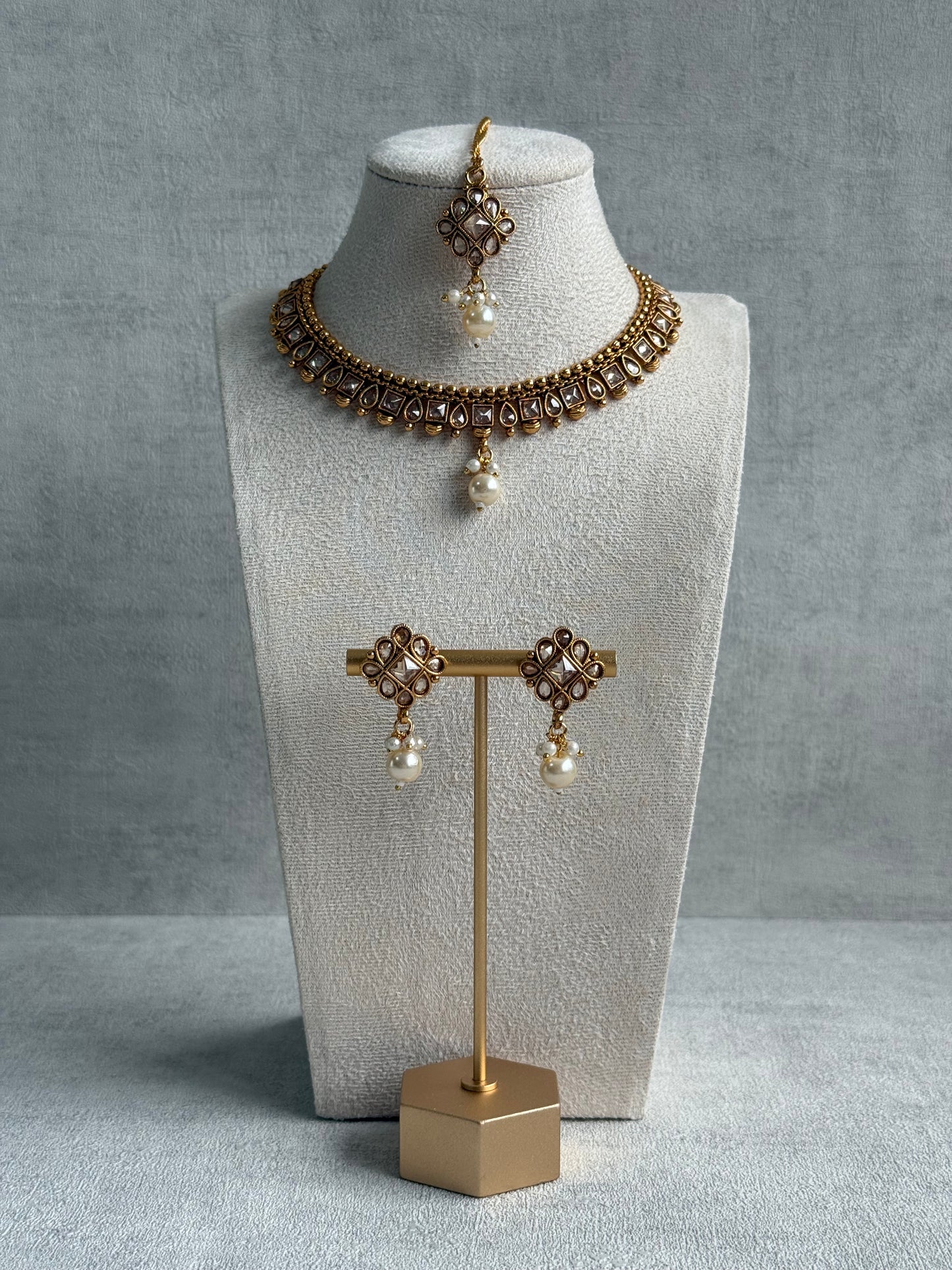 Ayura Designs Hima Set – Necklace, Earrings & Tikka with Mirror-Cut Stones, Pearl Drops & Polished Gold Finish