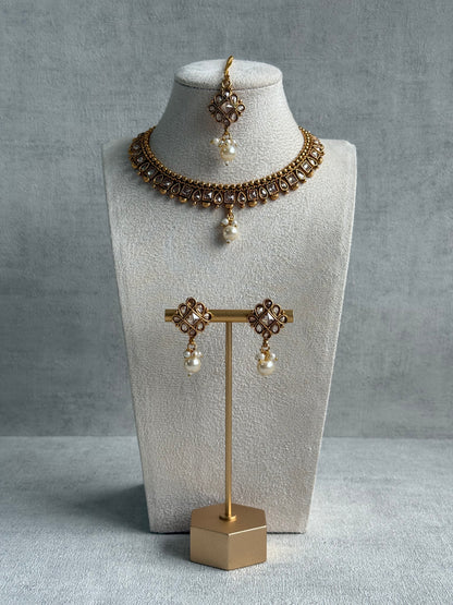 Ayura Designs Hima Set – Necklace, Earrings & Tikka with Mirror-Cut Stones, Pearl Drops & Polished Gold Finish