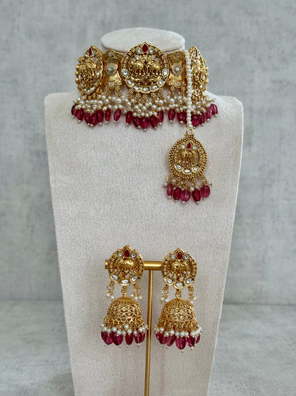 Ayura Designs Tanu Choker Set with Earrings & Tikka – A Golden Harmony of Pearls, Ruby Red Accents & Intricate Gold Detailing