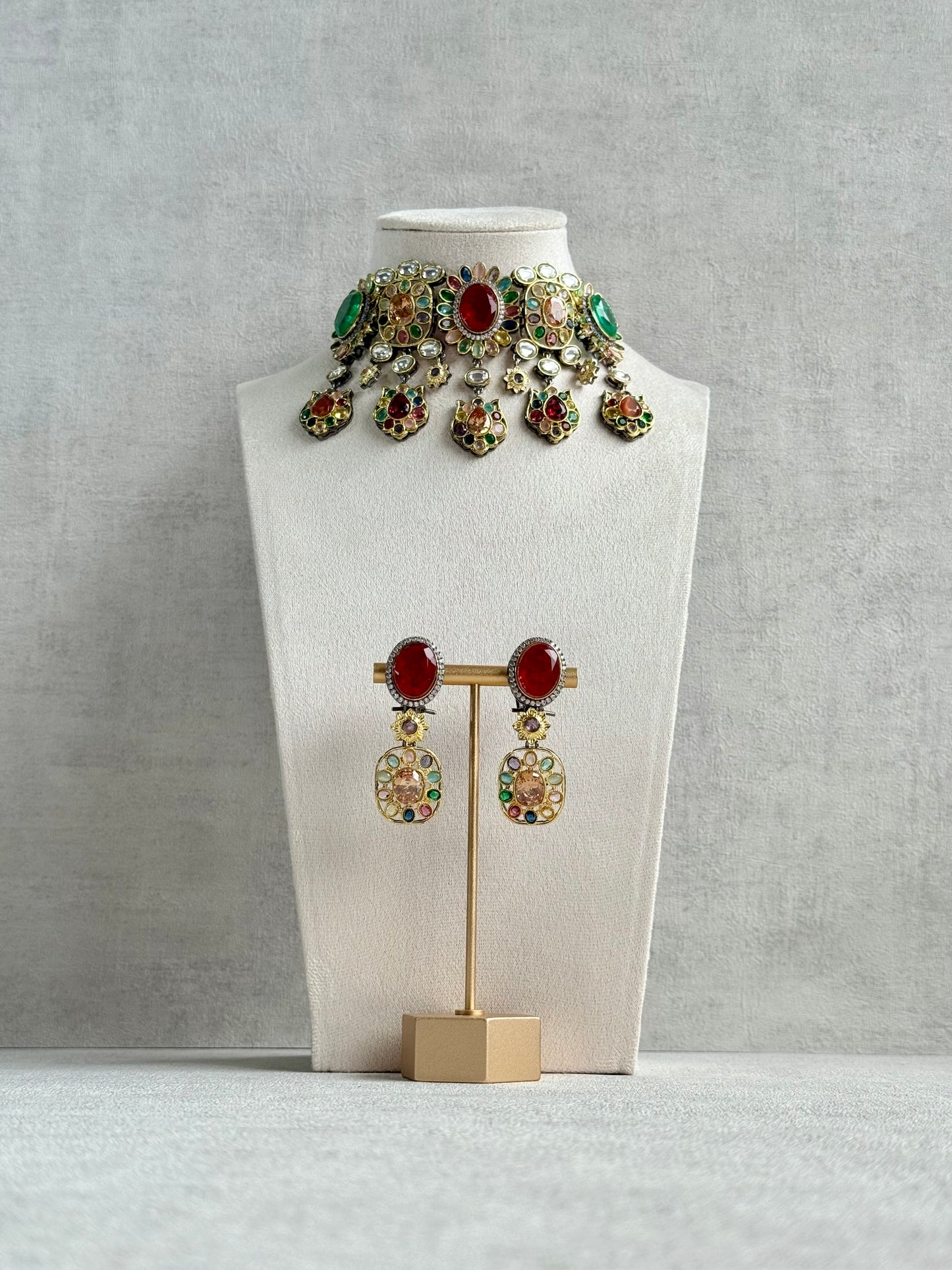 Ayura Designs Verity Choker Set with Earrings – Multicolour Stones, Crystal Accents & Antique Silver Finish