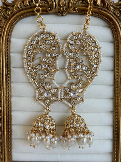 Ayura Designs Urisha Ear Climber Jhumkis – Pearl & Kundan Earrings, Indian Pakistani Bridal Wedding Jewellery