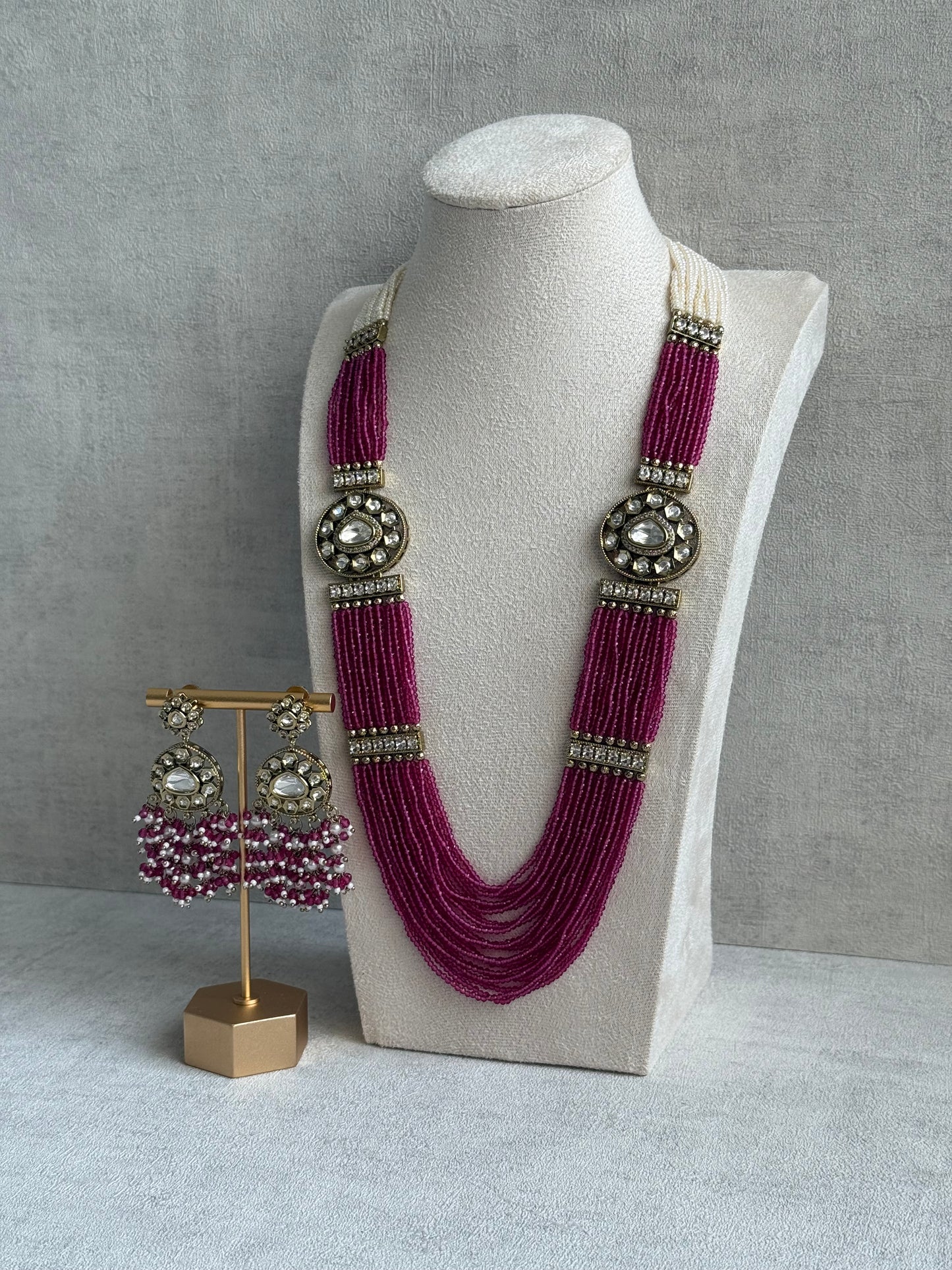 Ayura Designs Sienna Set – Long Layered Necklace & Earrings with Berry Pink Beads, Mirror-Cut Kundan & Pearl Detailing