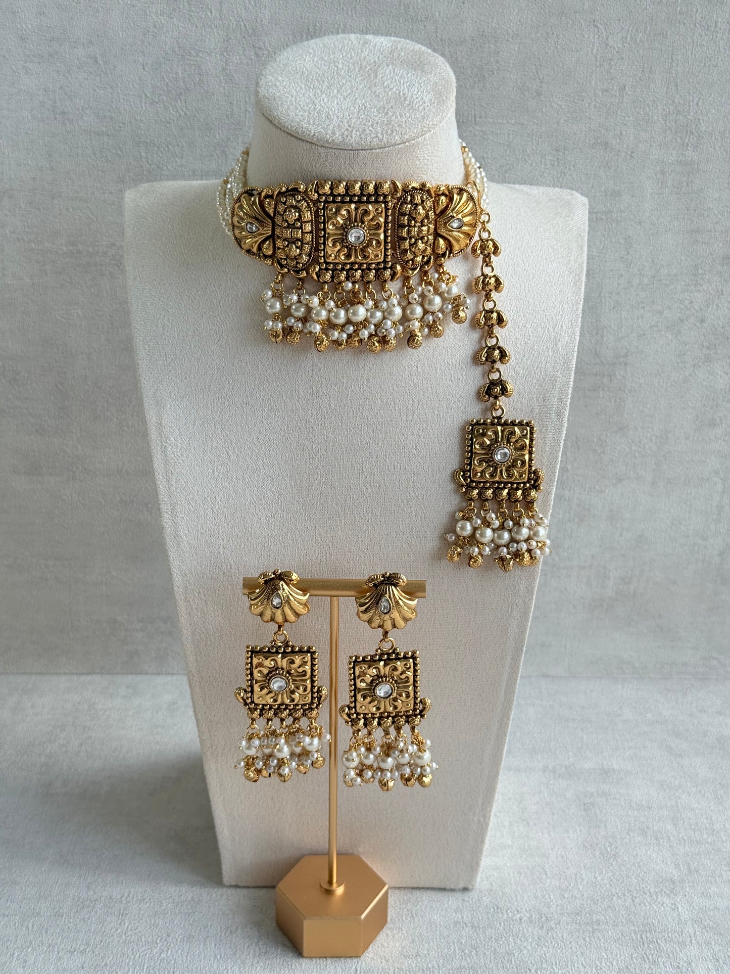 Ayura Designs Nabila Choker Set with Earrings & Tikka – Antique Gold Finish, Sea Shell Detailing, Pearls & Ghungroos