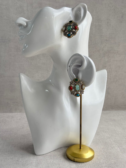 Ayura Designs Celia Stud Earrings – Sea Green & Multicolour Stones with Gold Finish