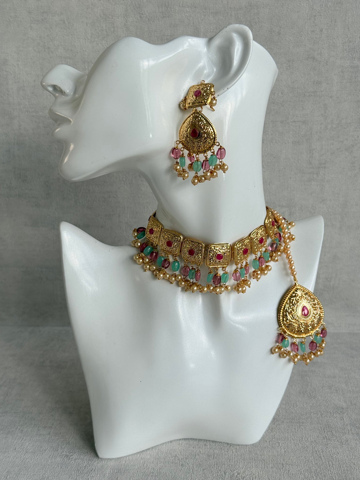 Ayura Designs Chetna Choker Set with Earrings & Tikka – Aqua & Rani Pink Beads, Cream Pearl Drops with Pipal Patti Detailing
