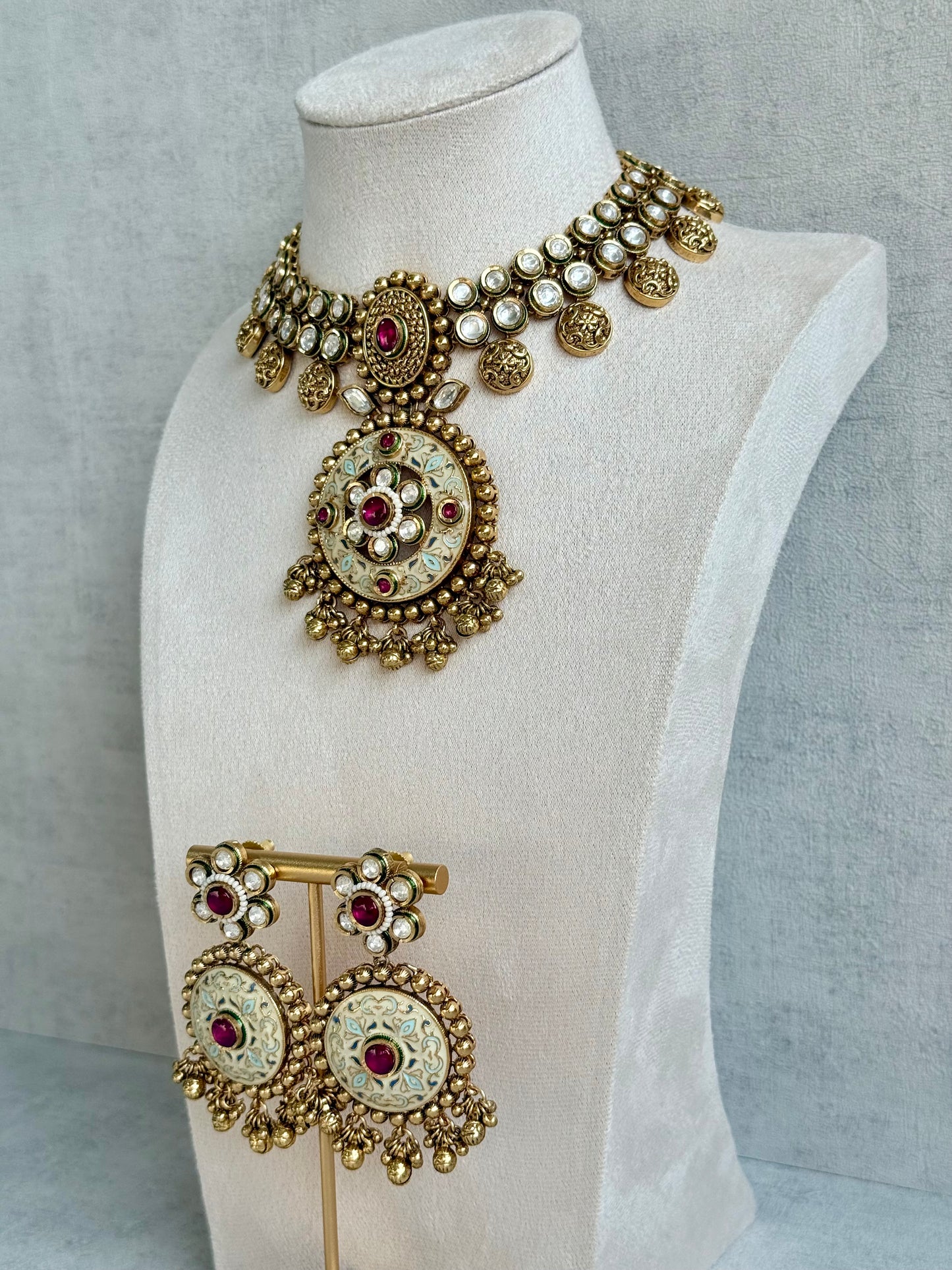 Ayura Designs Zayna Set with Necklace & Earrings – Ivory Meenakari with Rani Pink Stones