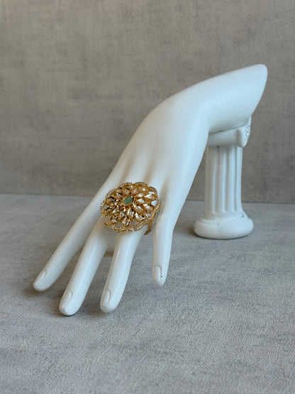 Ayura Designs Elisa Adjustable Ring – Moissanite Floral Ring with Mint Green Centre & Crystal Border