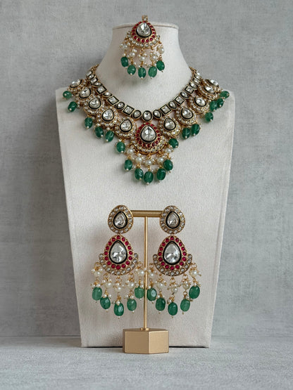 Ayura Designs Eesha Set with Necklace, Earrings & Tikka – Multicolour Stones with Kundan Detailing, Emerald Green Beads & Pearl Drops