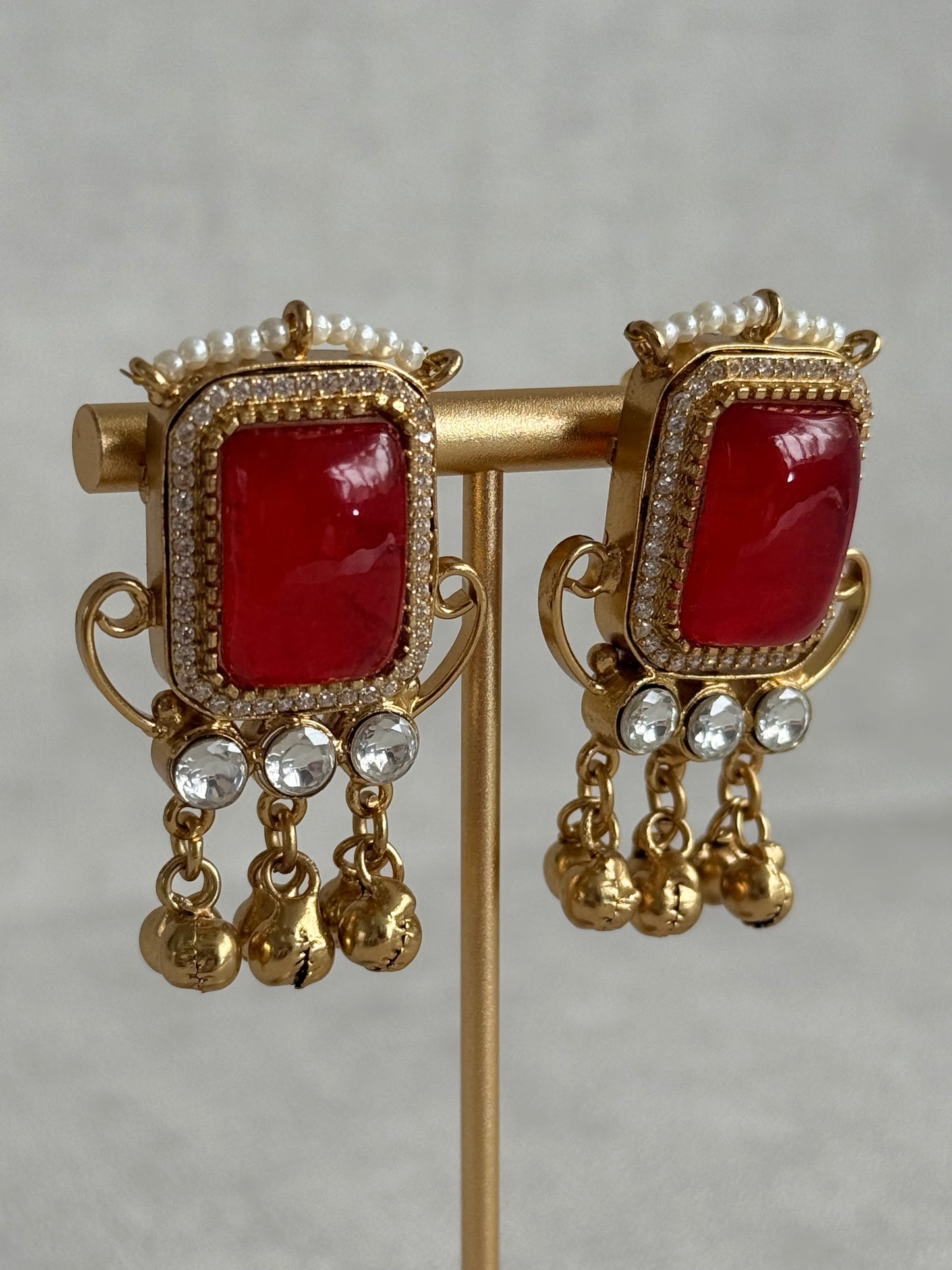 Ayura Designs Aleena Earrings – Ruby Red Stone Stud Earrings with Pearls & Ghungroo Detailing