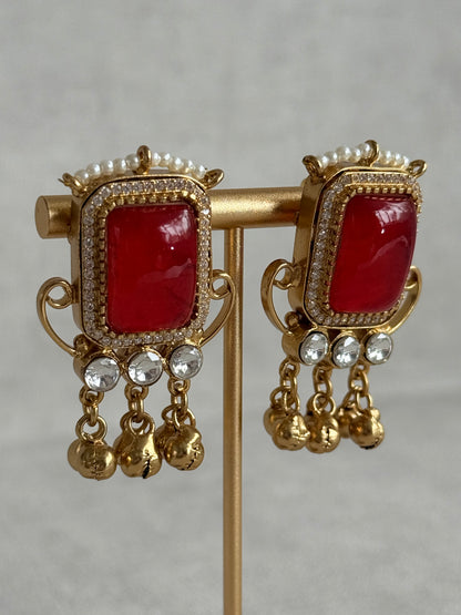 Ayura Designs Aleena Earrings – Ruby Red Stone Stud Earrings with Pearls & Ghungroo Detailing