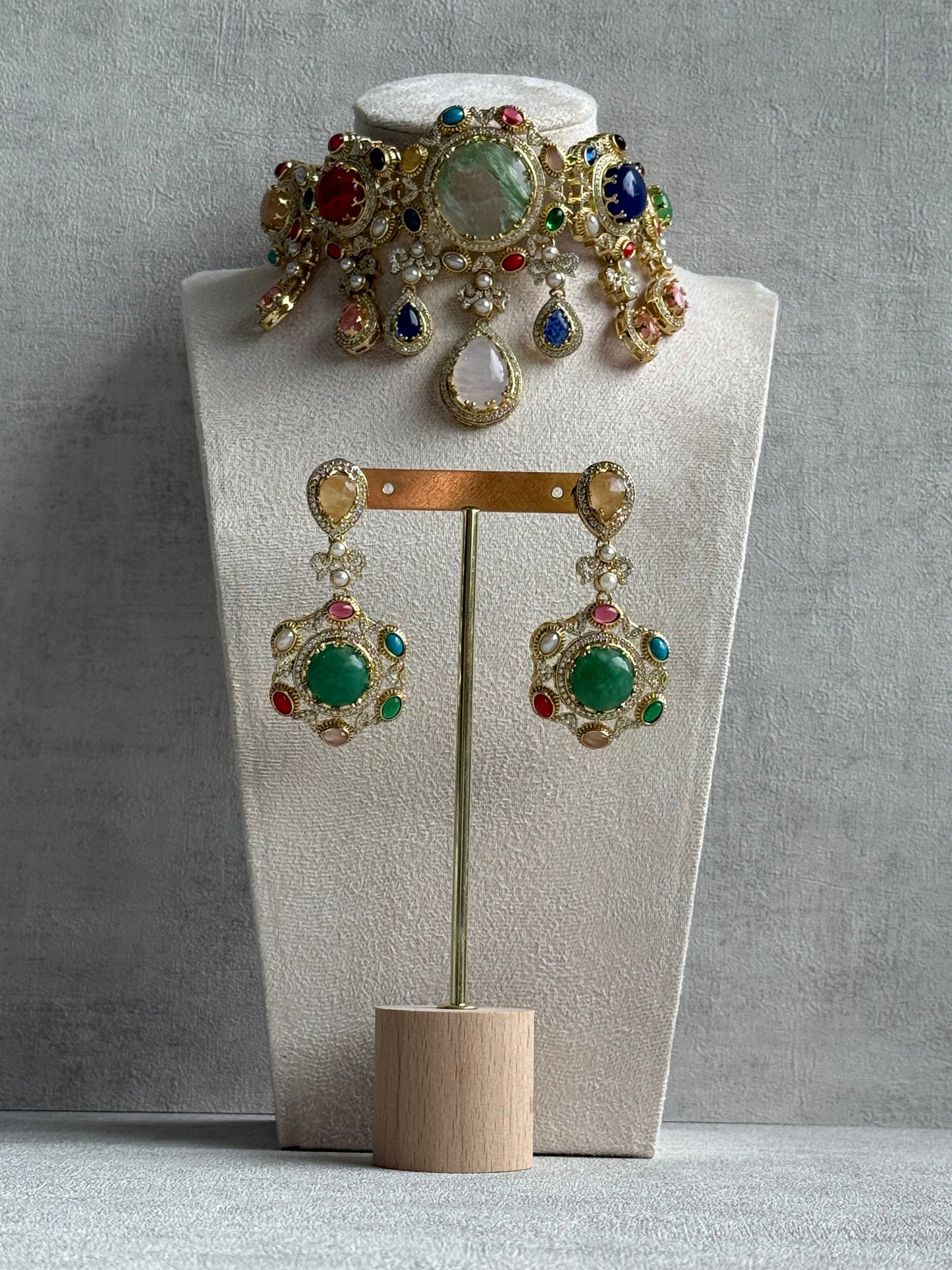 Ayura Designs Willow Choker Set – Statement Multicolour Stone Choker with Pearls & Antique Gold Detailing