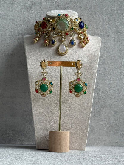 Ayura Designs Willow Choker Set – Statement Multicolour Stone Choker with Pearls & Antique Gold Detailing