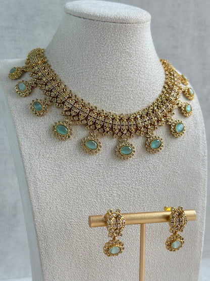 Ayura Designs Elisha Necklace Set with Earrings – Mint Green & Crystal Stone Detailing
