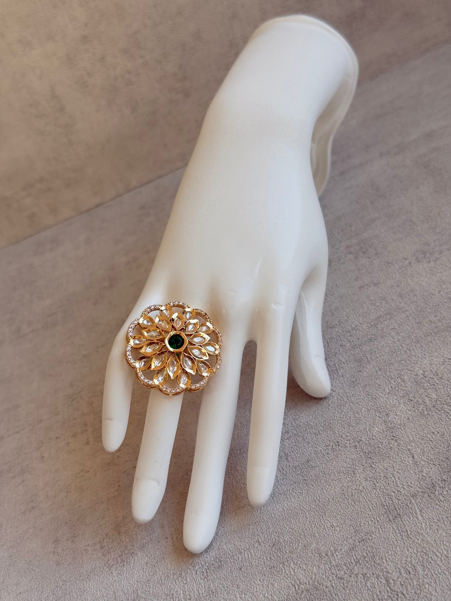 Ayura Designs Elisa Adjustable Ring – Moissanite Floral Ring with Emerald Green Centre & Crystal Border