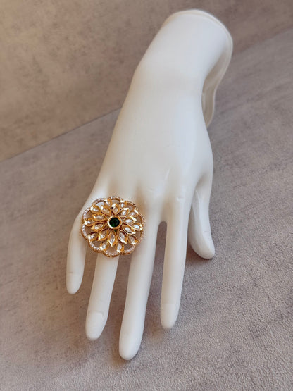 Ayura Designs Elisa Adjustable Ring – Moissanite Floral Ring with Emerald Green Centre & Crystal Border