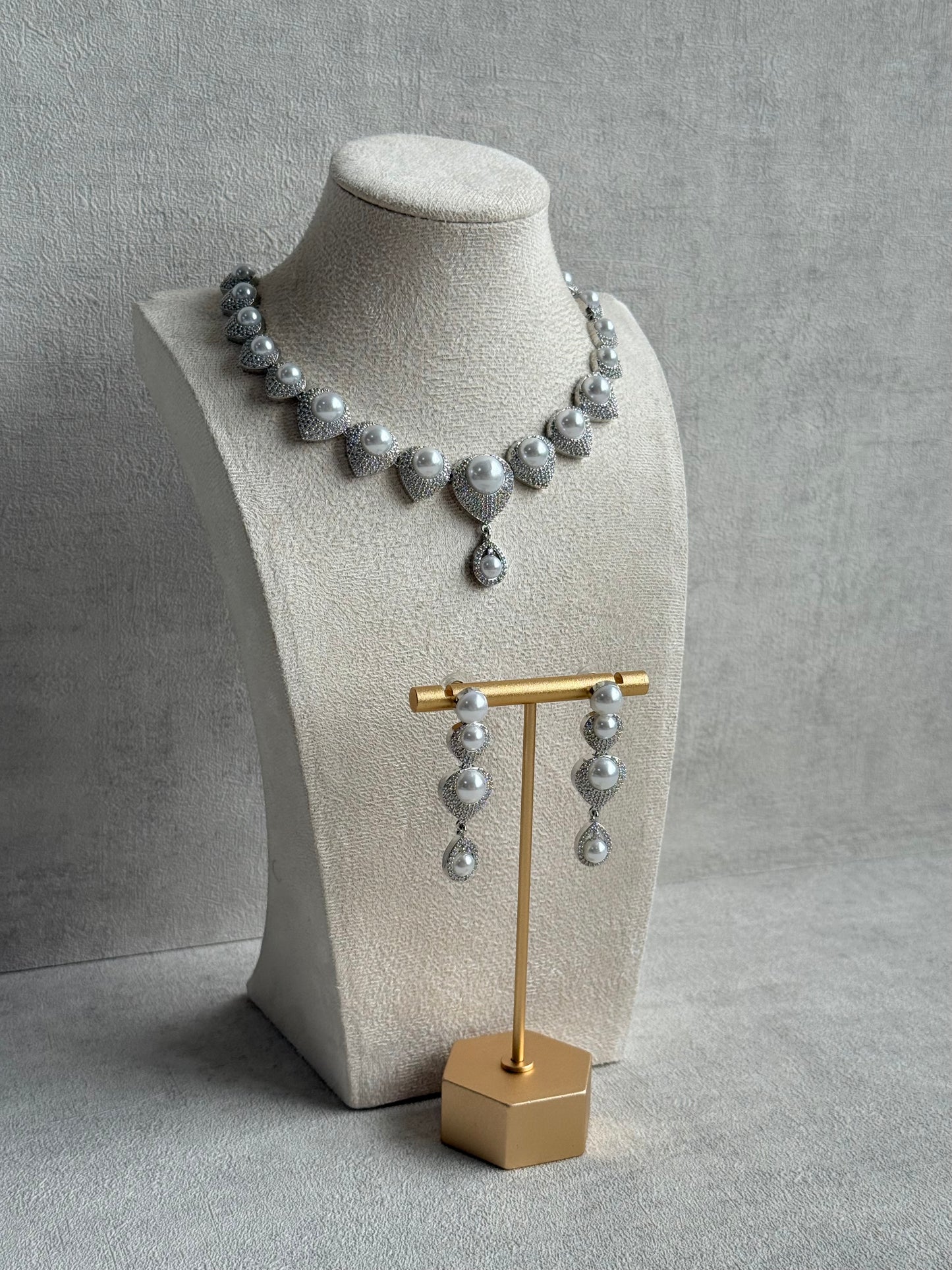 Ayura Designs Juliette Set with Necklace & Drop Earrings – Silver Crystal & Pearl Statement Set