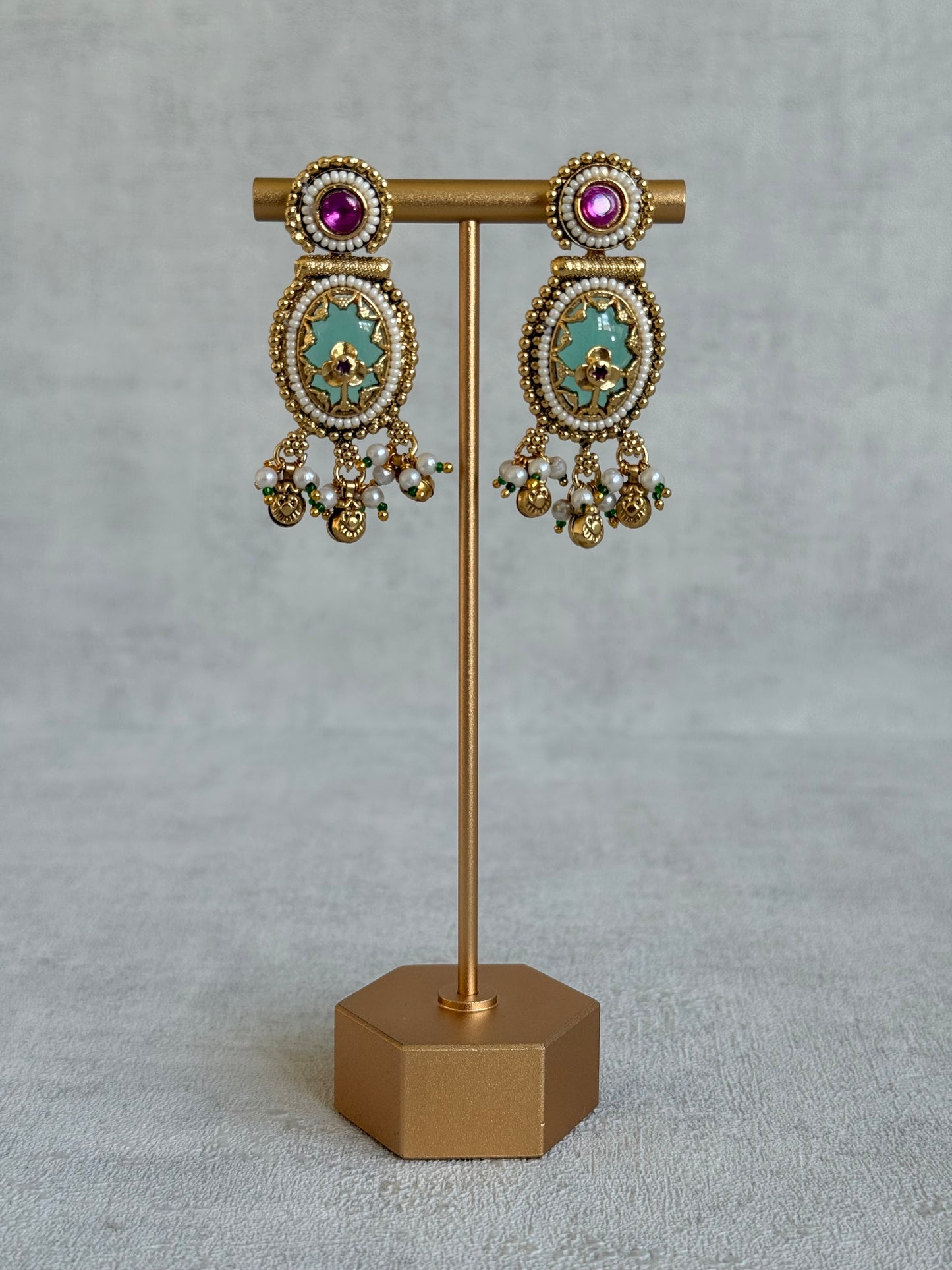 Ayura Designs Enjal Earrings – Mint Green Enamel, Pearl Beading, Pink Stone & Gold Finish