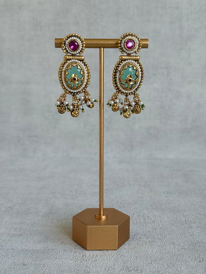 Ayura Designs Enjal Earrings – Mint Green Enamel, Pearl Beading, Pink Stone & Gold Finish