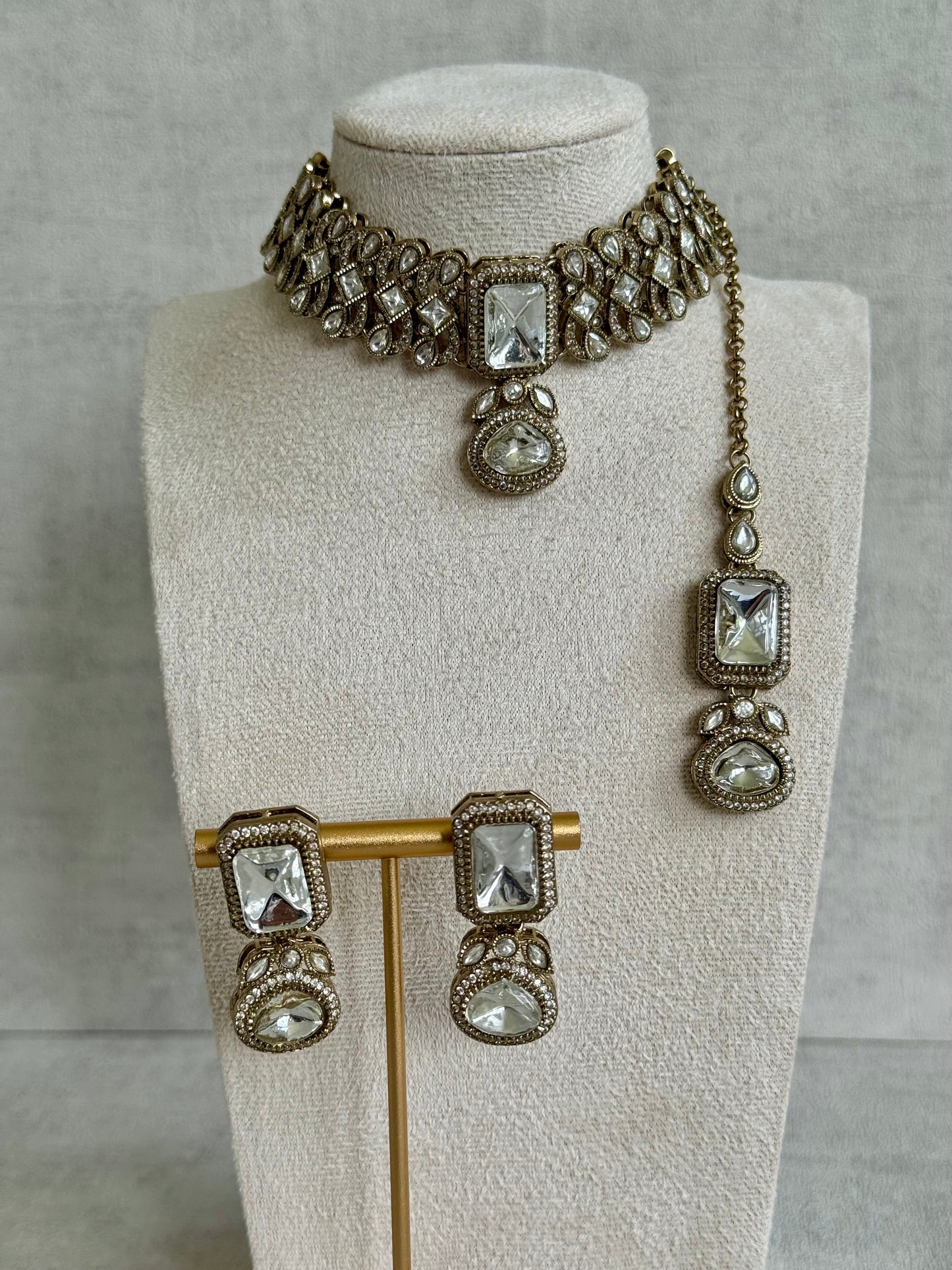 Ayura Designs Ella Choker Set with Tikka & Earrings – Antique Gold with Mirror-Cut Stones
