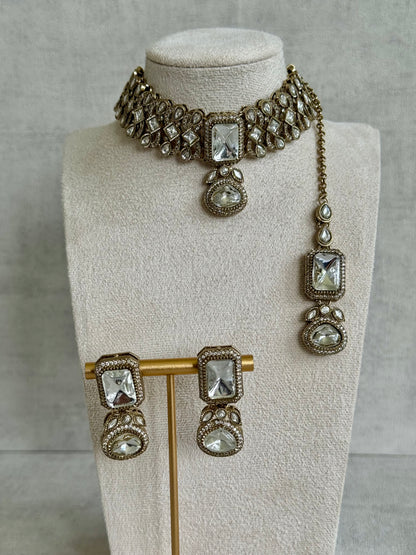 Ayura Designs Ella Choker Set with Tikka & Earrings – Antique Gold with Mirror-Cut Stones