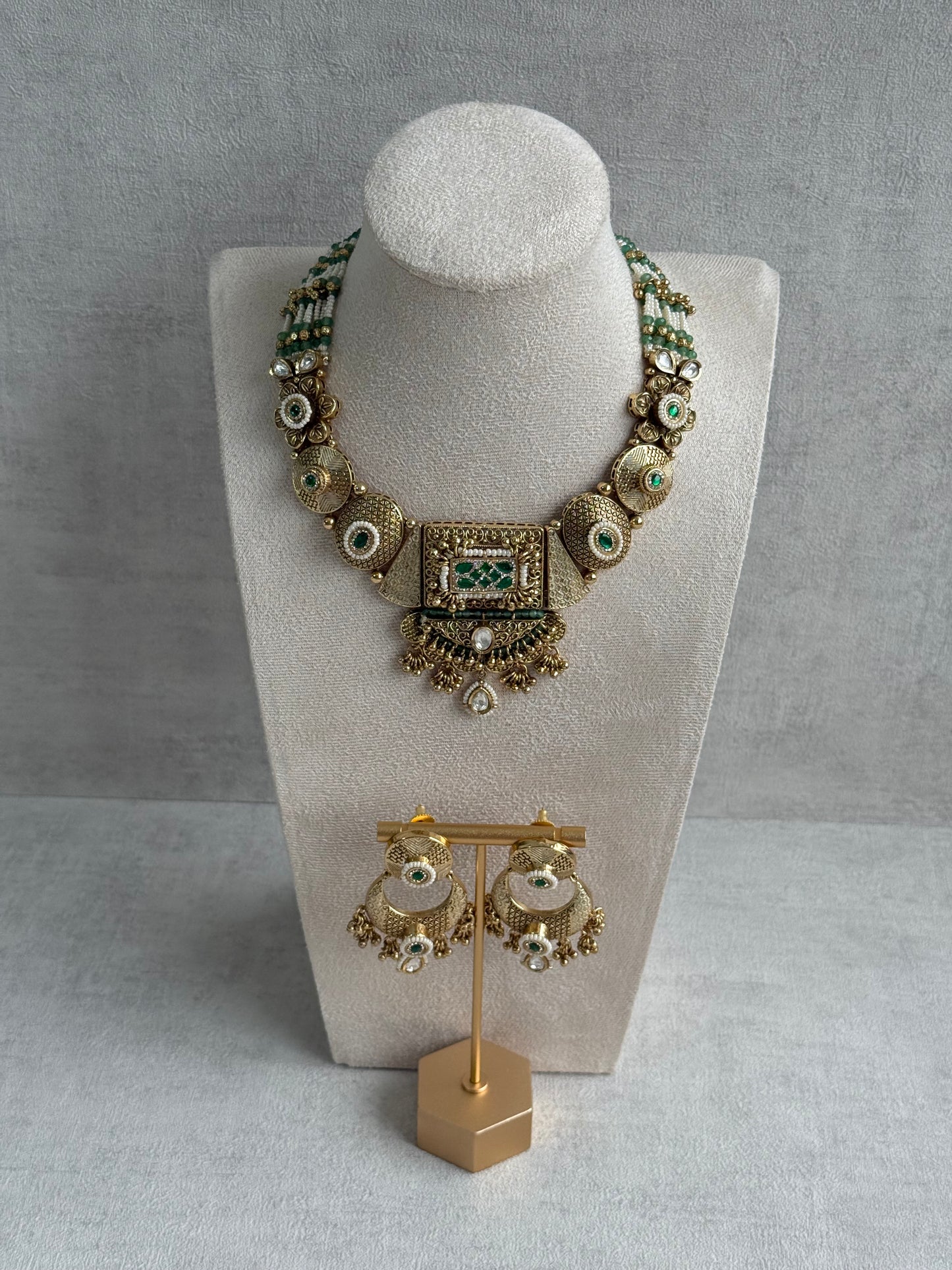 Ayura Designs Purvi Set – Necklace & Earrings with Antique Gold Filigree, Emerald & Pearl Detailing