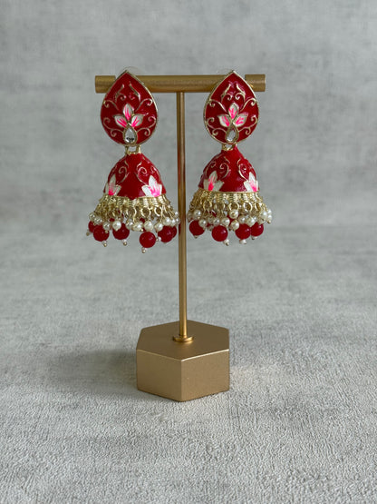 Ayura Designs Gia Jhumkis – Red Meenakari with Pink Lotus Motifs & Ivory Pearl Drops