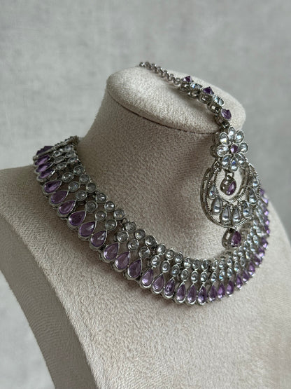 Ayura Designs Qirat Set with Earrings & Tikka – Soft Lilac Stones, Mirror-Cut Detailing & Silver Finish