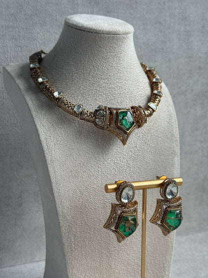 Ayura Designs Krupa Set – Necklace & Earrings with Green Stone featuring Natural Marbling, Mirror-Cut Kundan & Antique Gold Detailing
