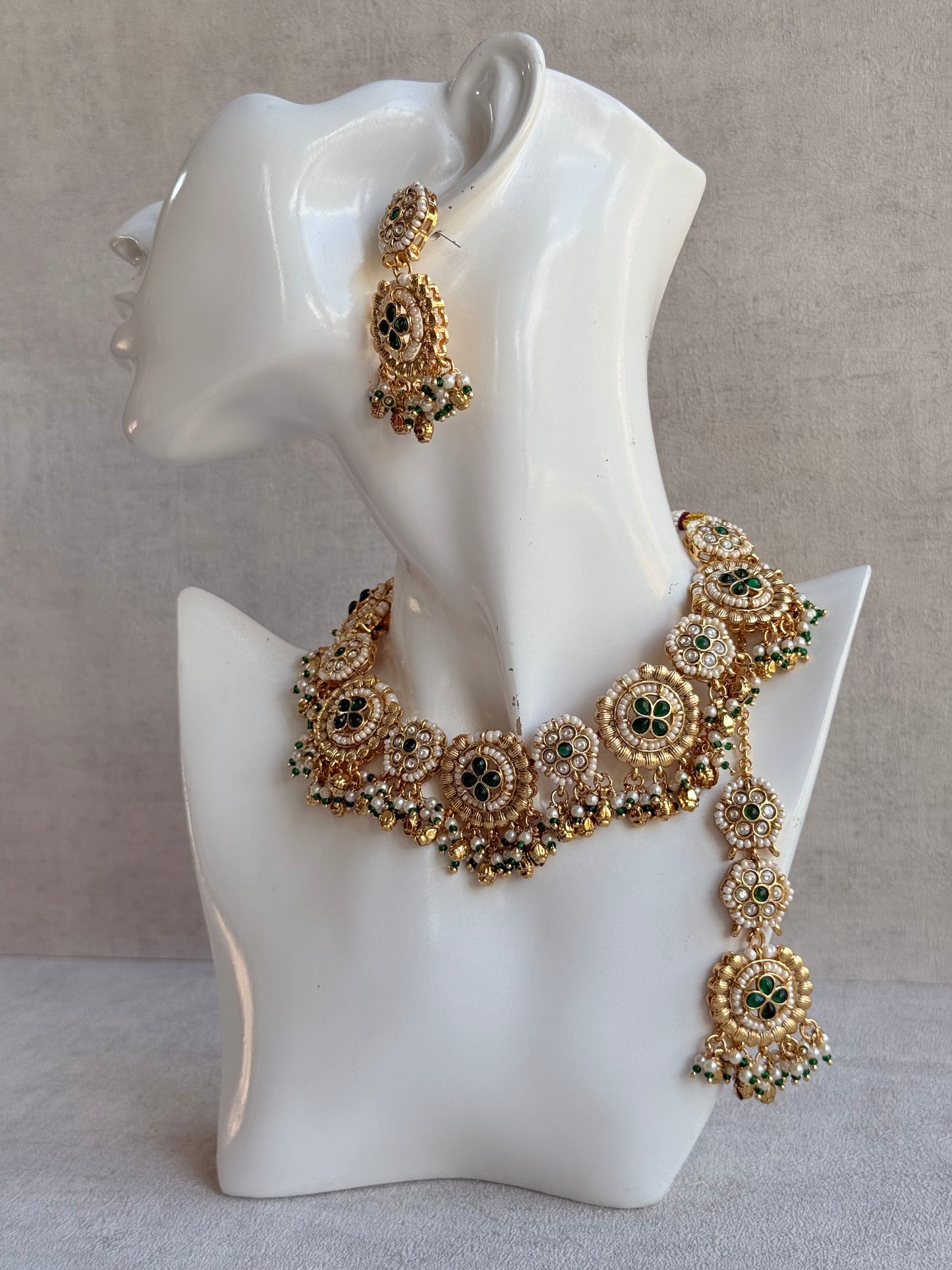 Ayura Designs Manika Necklace Set with Earrings & Tikka – Gold Finish with Emerald Green Stones, Pearls & Ghungroos