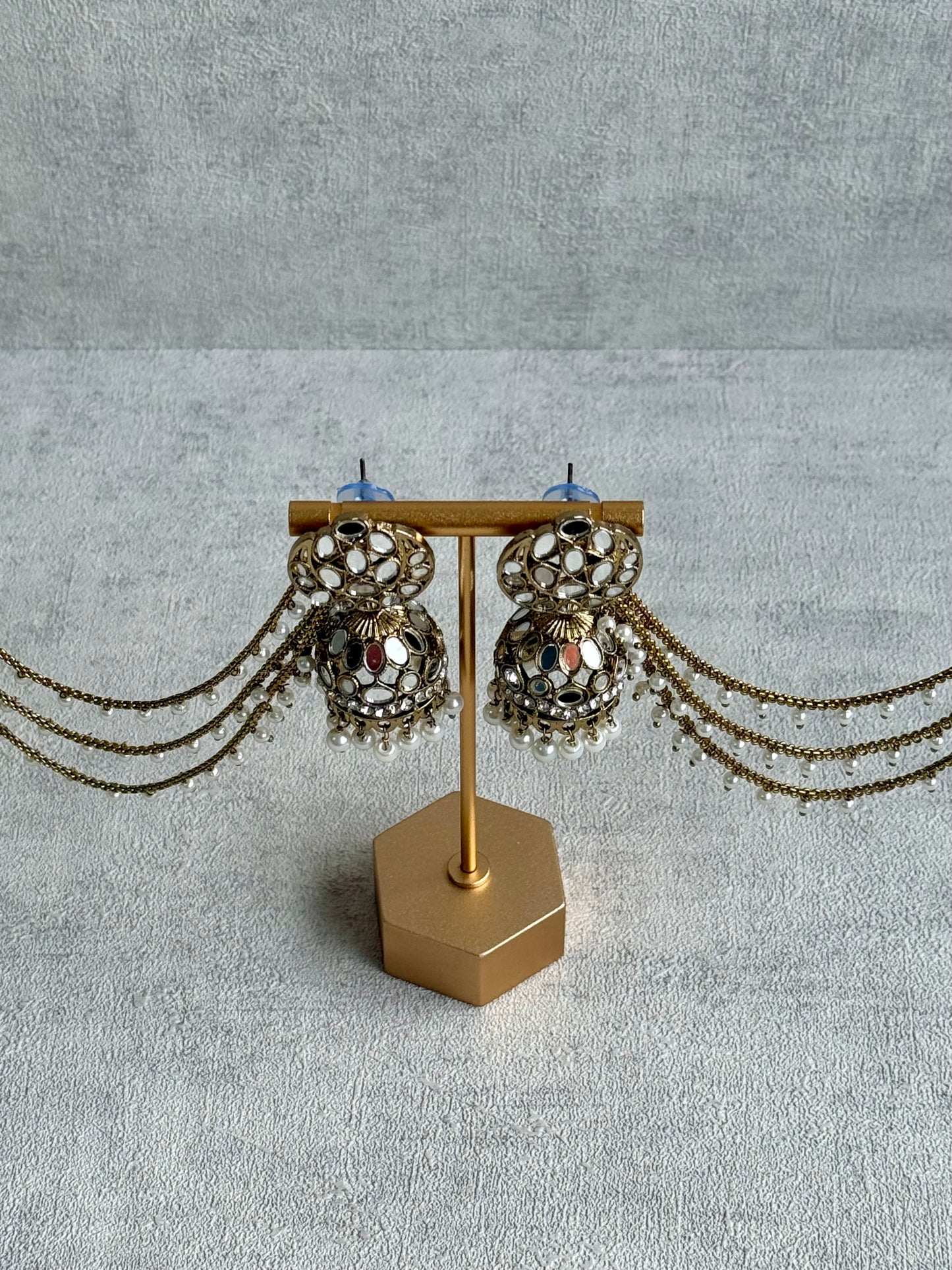 Ayura Designs Aaina Jhumkis – Antique Gold Mirror-Cut Dome Earrings with Detachable Pearl Sahare