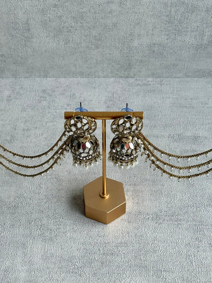 Ayura Designs Aaina Jhumkis – Antique Gold Mirror-Cut Dome Earrings with Detachable Pearl Sahare