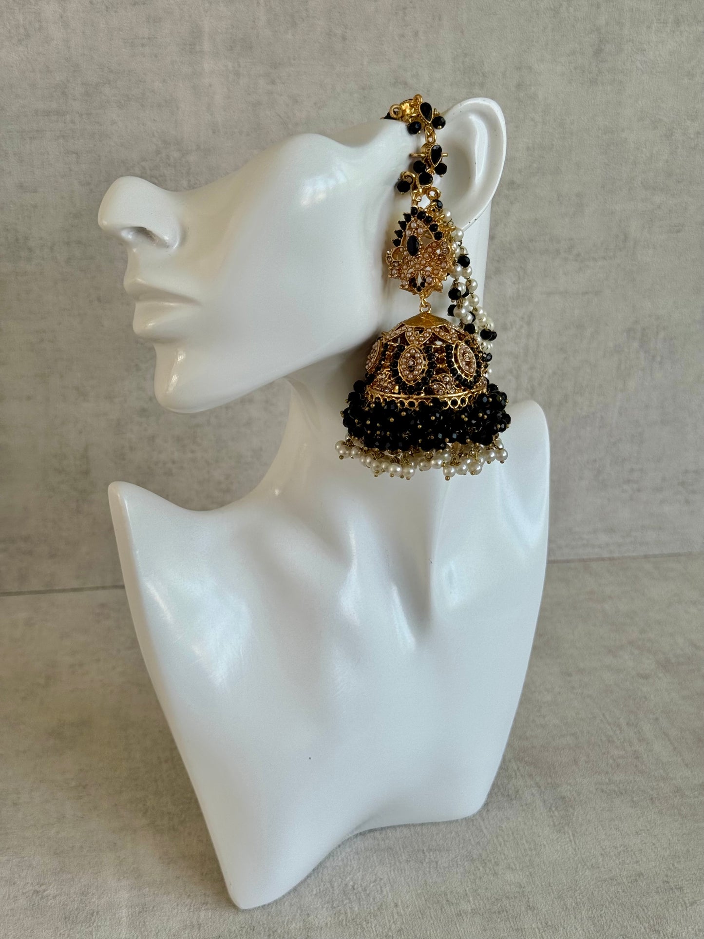 Ayura Designs Safia Tikka Set with Sahare Earrings – Black Beads & Champagne Crystals