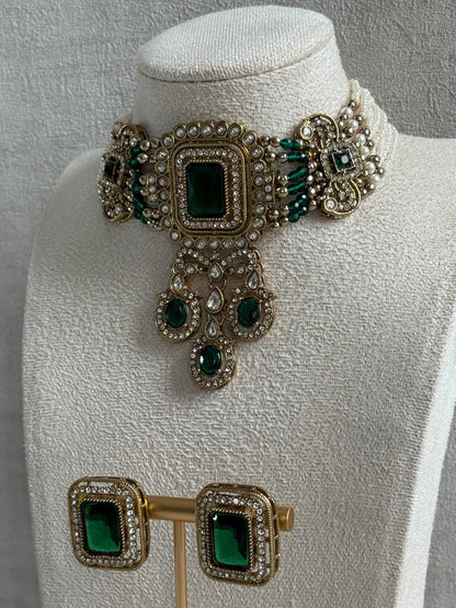Ayura Designs Nabiha Choker Set with Studs – Emerald Green Stones, Pearl Detailing & Antique Gold Finish