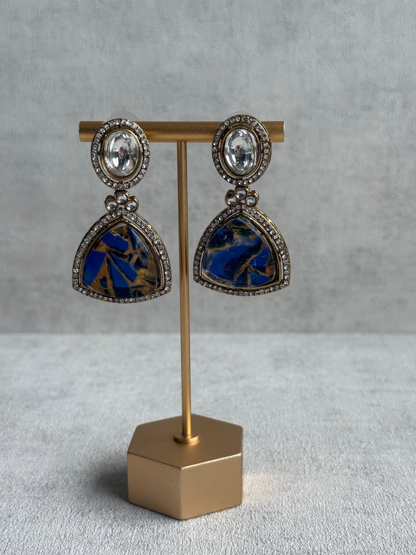 Ayura Designs Florence Earrings – mirror cut studs with Deep Ink Blue Marble Resin & Crystal Borders