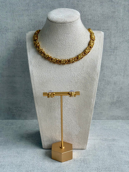 Ayura Designs Veda Set – Antique Gold Necklace & Stud Earrings with Elephant Motifs and Pink Stone Detailing