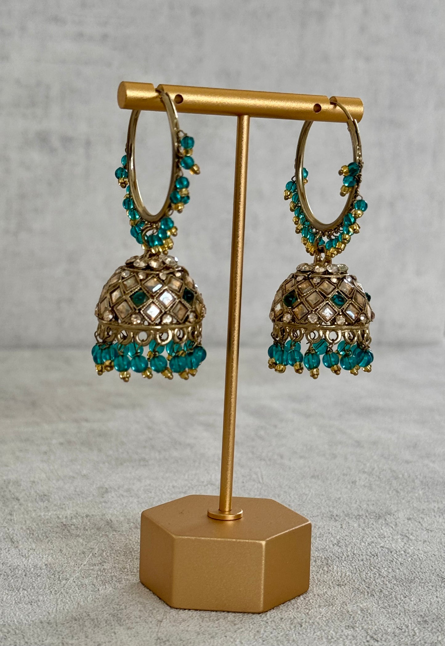 Ayura Designs Jugni Bali Jhumkas – Antique Gold with Ivory Pearl Accents