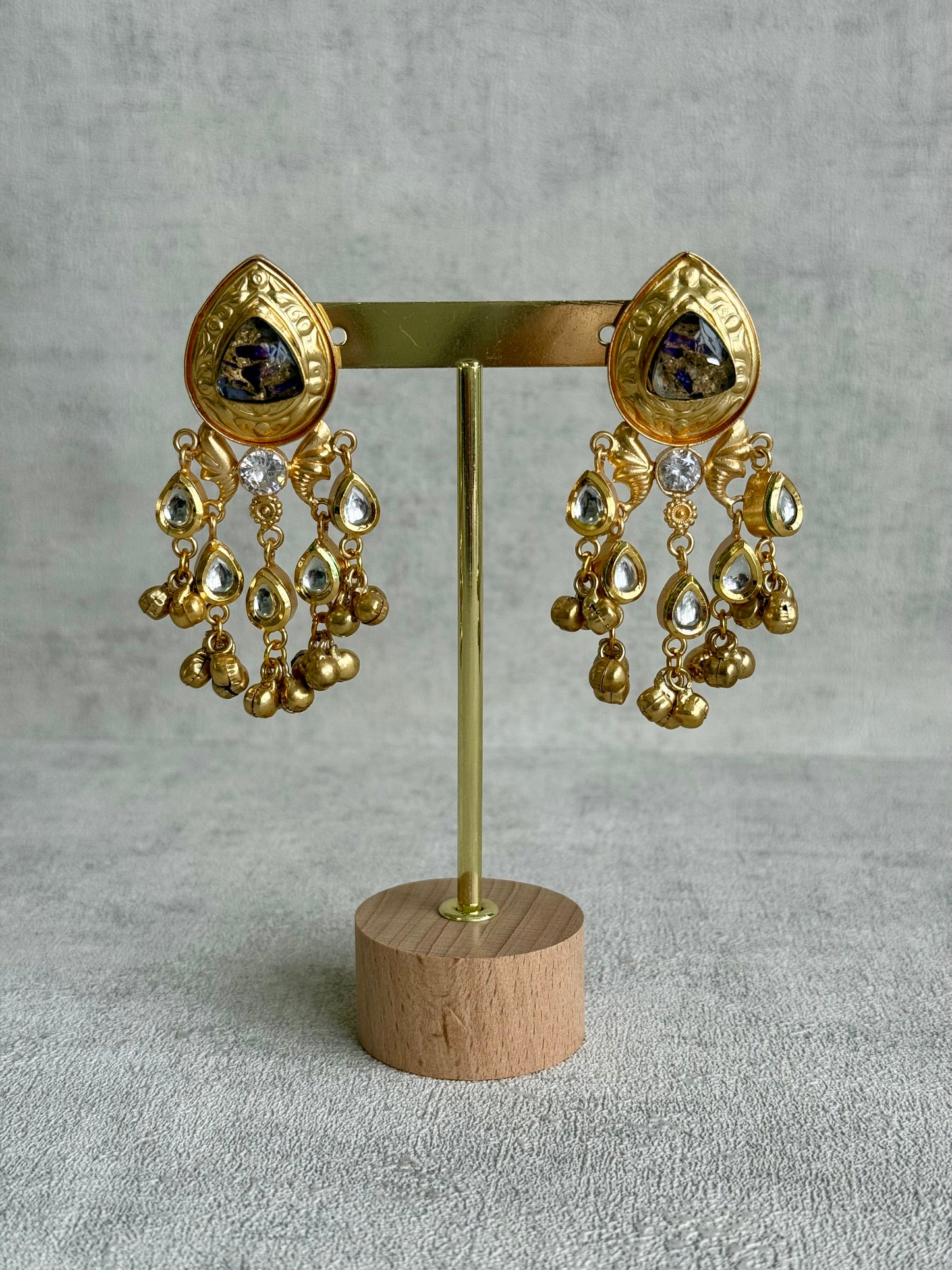 Ayura Designs Arheer Earrings – Violet & Gold Marble with Kundan Detailing & Antique Gold Ghungroos