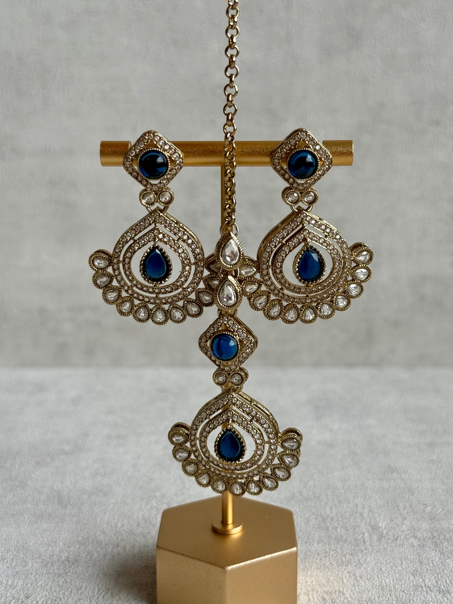 Ayura Designs Sahira Set – Necklace, Earrings & Tikka with Sapphire Blue Stones, Mirror-Cut Detailing & Antique Gold Finish