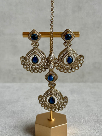 Ayura Designs Sahira Set – Necklace, Earrings & Tikka with Sapphire Blue Stones, Mirror-Cut Detailing & Antique Gold Finish