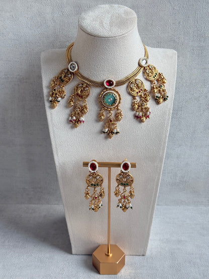 Ayura Designs Parchhai Necklace Set with Earrings – Mint Green, Ruby Red & Emerald Green Stones, Bird Motifs & Pearl Detailing