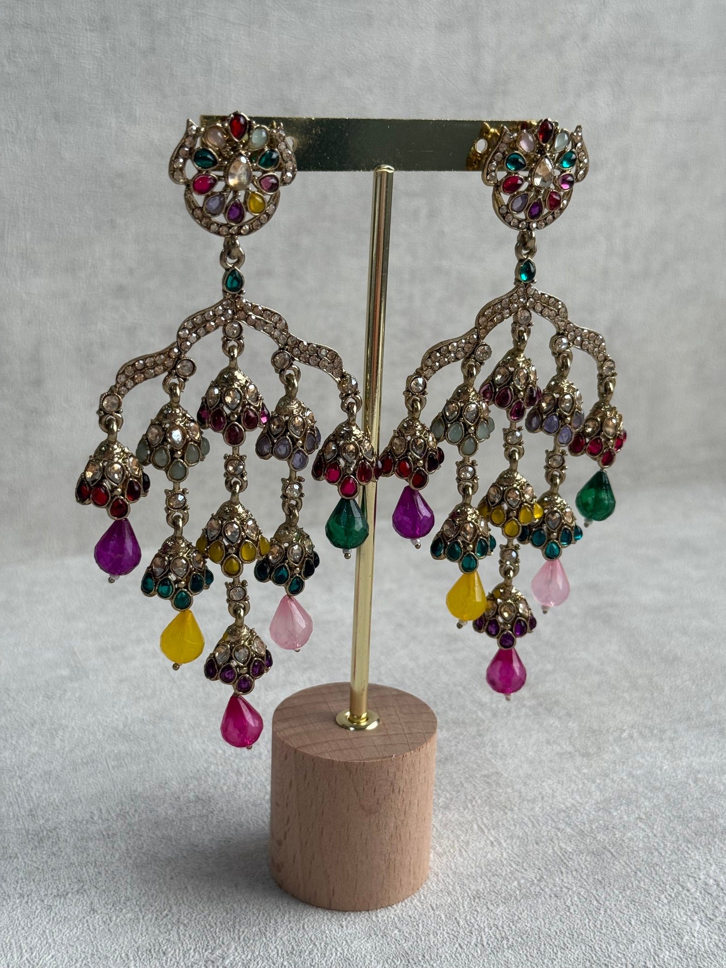 Ayura Designs Jasmine Earrings – Chandelier Earrings with Multicolour Beads & Antique Gold Detailing
