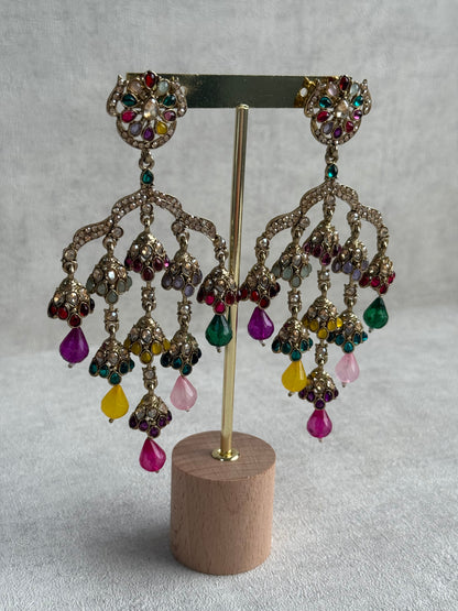 Ayura Designs Jasmine Earrings – Chandelier Earrings with Multicolour Beads & Antique Gold Detailing