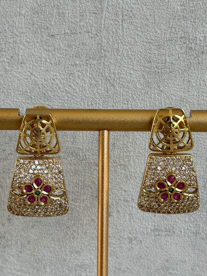 Ayura Designs Vibha Necklace & Stud Earrings Set – Gold Floral Statement Design with Ruby Pink & Crystal Detailing