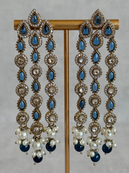 Ayura Designs Emilia Earrings – Gold Triple Strand Statement Earrings with Ink Blue Stones & Pearl Drops